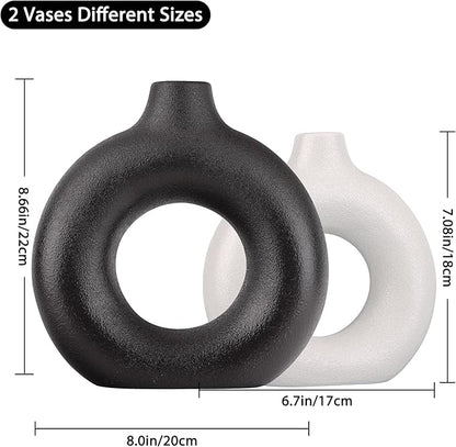 Black and White Vase Decor Donut Vase Set of 2 - Circle Hollow Vases, Modern Matte Ceramic Vases for Entryway Living Room Bedroom Dining Table Centerpiece Office Home Decor