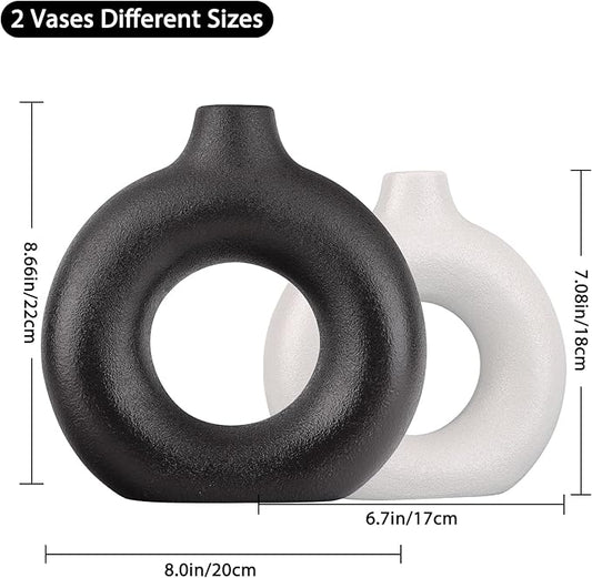 Black and White Vase Decor Donut Vase Set of 2 - Circle Hollow Vases, Modern Matte Ceramic Vases for Entryway Living Room Bedroom Dining Table Centerpiece Office Home Decor