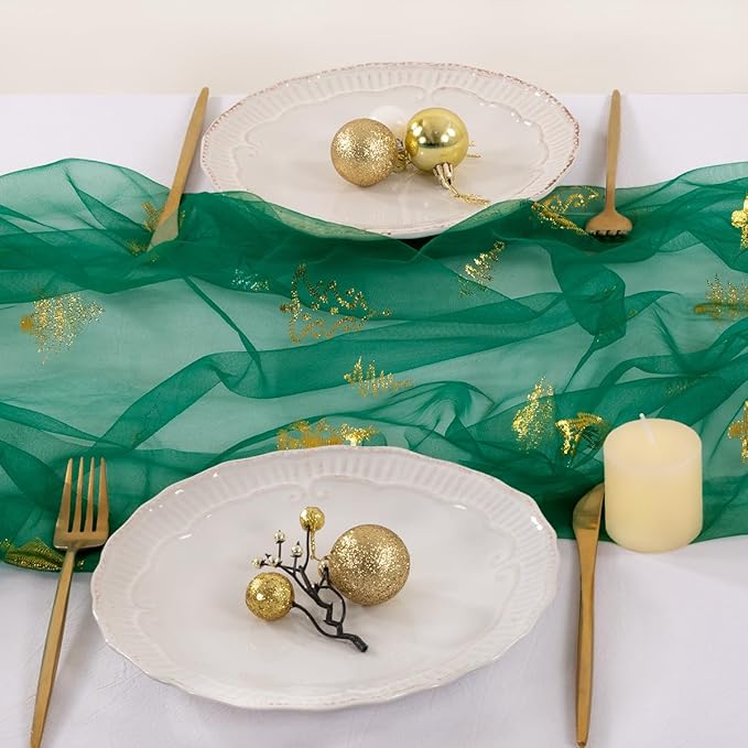 Socomi Christmas Tree Table Runner Gold Gauze Sheer Chiffon Cheesecloth Sequin 10FT Glitter Metallic Foil Dining Wedding Birthday Party Winter Holiday Centerpiece Table Decor 3pcs Emerald Green