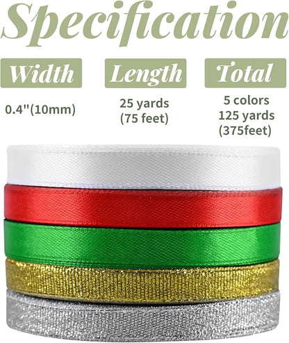 5 Rolls 125 Yards Christmas Ribbons, 10mm Wide Metallic Glitter Fabric Holiday Festival Satin Ribbons for Christmas Gift Wrapping Decoration