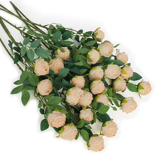 CHIAVE 8pcs 24 Flower Buds Artificial Vintage Roses Fake Silk Rose Flowers with Long Stem for DIY Bouquets Wedding Centerpiece Party Home Kitchen Shorp Decoration-Beige