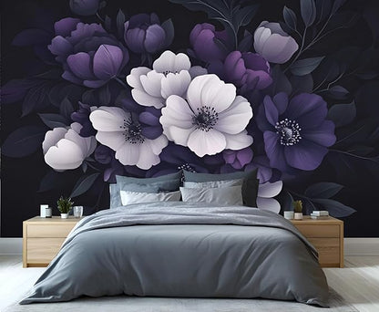 Dark Peony Floral Wall Mural, Purple and Black Flower 3D Wall Murals, Luxury Botanical Wallpaper Mural, for Living Room Bedroom Large Wallpaper Indoor Decor 169.3" W x118.2 H