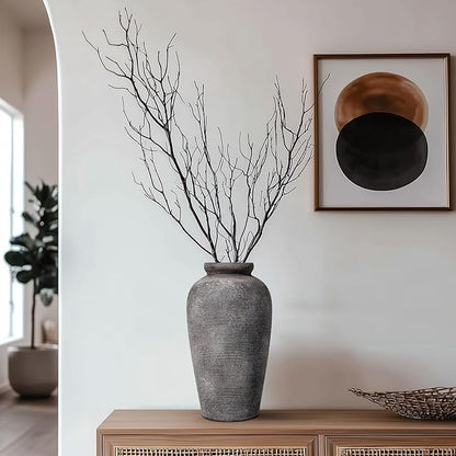 Large Rustic Terracotta Vase, 11 inch Tall Ceramic Flower Vase, Clay Farmhouse Decorative Vases for Flowers, Living Room, Shelf, Entryway, Home Decor, Grey