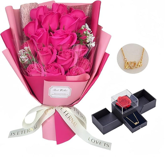 EIGHTOWN Roses Bouquet Artificial Flower - Preserved Red Rose Flowers with Love Necklace for Her - Unique Gifts Valentine's Day, Mother's Day, Thanksgiving, Birthday, Anniversary (512)