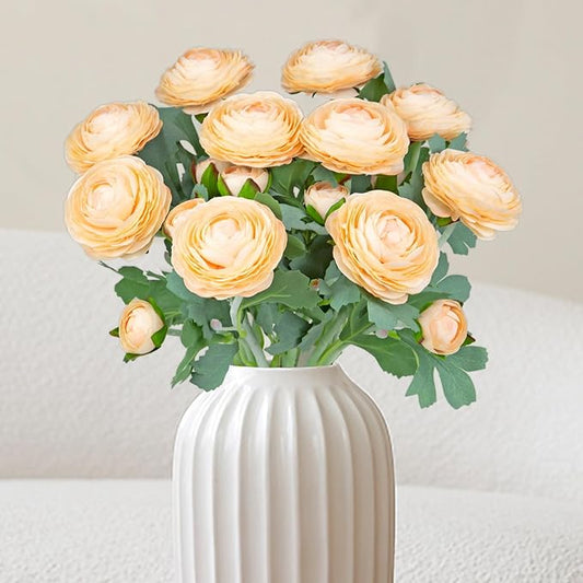 Artificial Ranunculus Flowers with Real Touch Stem,Silk Ranunculus Flowers (Champagne, 10pcs)