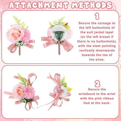 Corsage and Boutonniere Set, Artificial Corsage Wristlet and Boutonniere for Wedding Flowers Accessories (Pink, 2PCS)