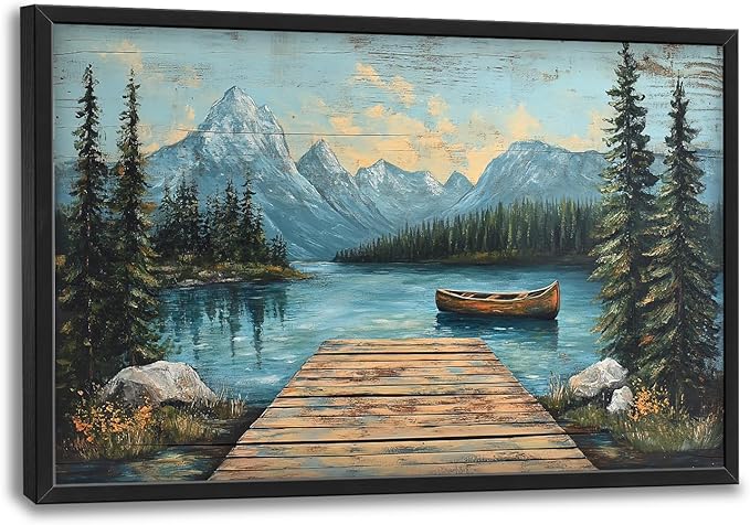 Rustic Lake Large Wall Art Forest Mountain Pictures Wall Decor Nature Landscape Big Canvas Painting Prints Framed Artwork Home Decorations Above Bed for Bedroom Living Room Dining Room 36"x24"