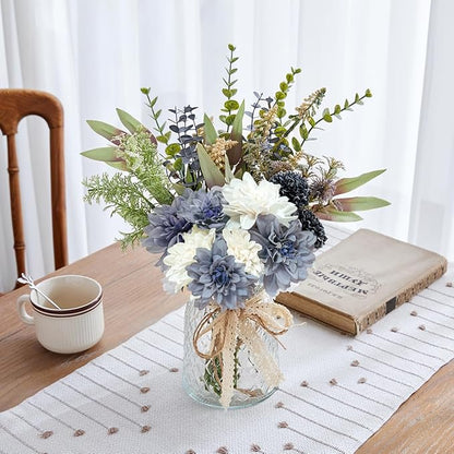 Wracra Artificial Flowers in Vase, Silk Fake Flowers in Vase, Faux Flowers Table Centerpieces for Dining Room, Bathroom Farmhouse Kitchen Coffee Table Decor (White Blue Dahlia)