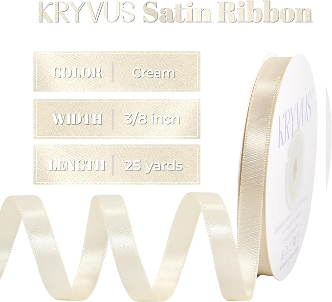 Cream Satin Ribbon, Double Faced 3/8 Inch X 25 Yards Cream Ribbon, Premium Satin Ribbon for Gift Wrapping, Crafts, Hair Bow Making, Sewing, Flower Bouquet, Wedding Party Decor