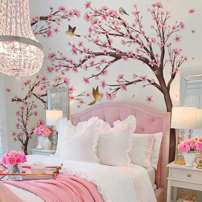 Pink Cherry Blossom Floral Birds Wall Decals Large Cherry Blossom Tree Branch Wall Stickers for Sofa TV Background Wall Decor Bedroom Living Room 67.32x42.91inch