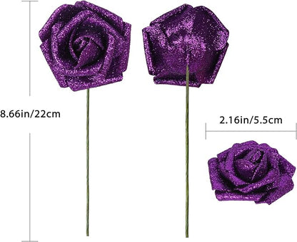 Purple Glitter Roses Artificial Flowers 30 PCS Artificial Flowers 2.17 in Glitter Flowers Foam Roses with Stem Faux Flowers for DIY Wedding Bridal Bouquet Party Centerpieces Decor(Purple)