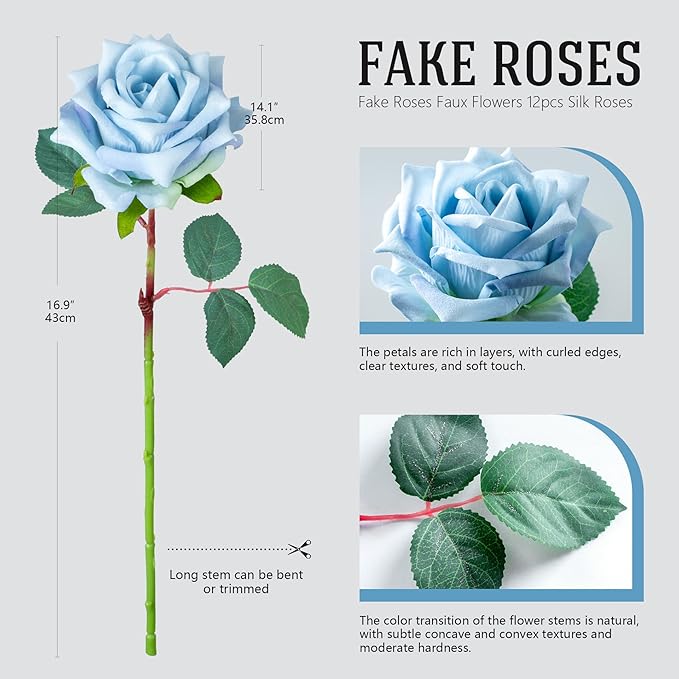 Fake Roses Faux Flowers Silk Roses 12PCS Artificial Roses with Stems Realistic Artificial Flowers Suitable for Indoor Home Decoration Diy Bouquet Wedding Decor Party Decoration （Blue）16.5“