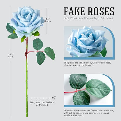 Fake Roses Faux Flowers Silk Roses 12PCS Artificial Roses with Stems Realistic Artificial Flowers Suitable for Indoor Home Decoration Diy Bouquet Wedding Decor Party Decoration （Blue）16.5“