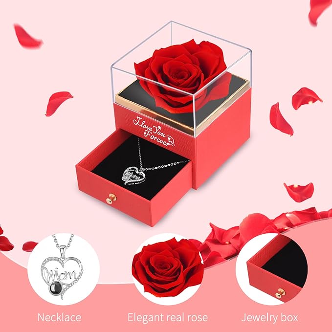 Preserved Roses Flowers Gifts for Mom: Red Real Rose with Necklace for Women Wife Grandma Daughter Sister