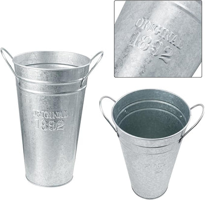 6 Packs 8 & 10 Inch Tall Galvanized Metal Flower Vases with Handles, Metal Flower Buckets for Cut Flowers, Country Wedding, Table Centerpiece Decorations(Sliver)
