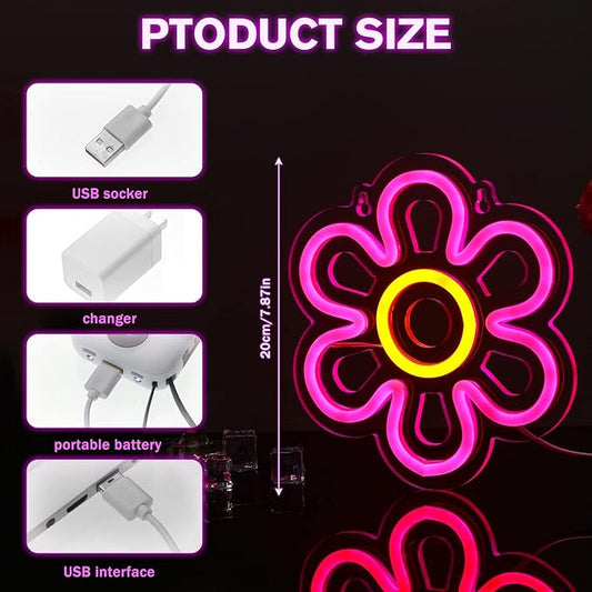 Bonuci 2 Pieces Flower Neon Sign 7.87 Inch Daisy LED Lights USB Powered Pink Retro Flower Shaped Neon Sign for Room Wall Decor Home Shop Wedding Birthday Party Decoration(Pink, Yellow)