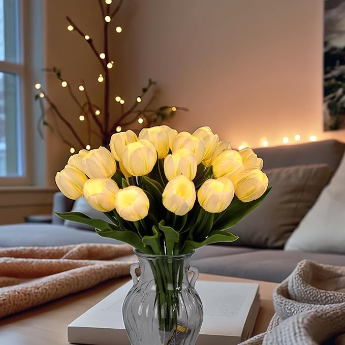 LED Lighted Artificial Tulips, Tulip Lamp, Real Touch Tulip Flowers, 15 Inch Faux Tulip Bouquet with Battery Operated Lights for Gifts, Home Kitchedn Wedding Decor (White)