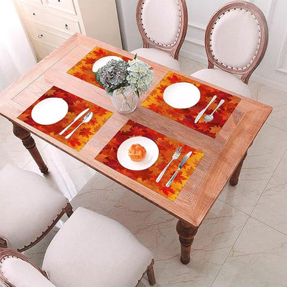 PVC Placemats Set of 4 Wipeable Table Mats Washable Heat Resistant Non Slip Vinyl Dining Table Mat for Kitchen Indoor Outdoor Patio Farmhouse Place Mats Orange Thanksgiving Maple Decorative