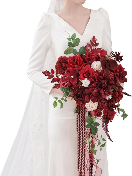 TINGE TIME 15 Inch Artificial Wedding Bouquets for Bride, Cascading Bouquet Wedding Bride Holding Flowers for Wedding Ceremony Anniversary, Bridal Shower and Party (Burgundy Red)