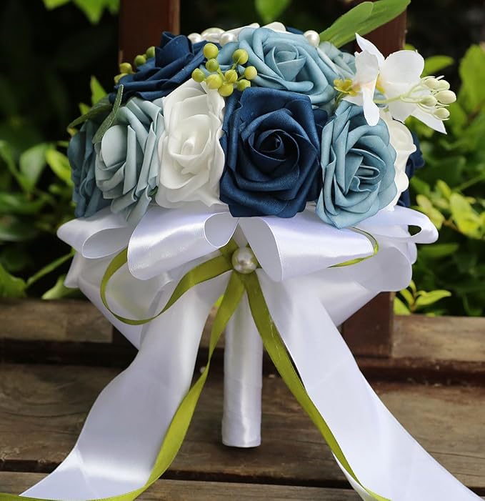 Lightweight Bridal Wedding Bouquet Round Holding Bouquet Throw Toss Artificial Rose Flower Bunch for Bride Bridesmaid Wedding Quinceanera (White & Shades of Blue, 7.9")