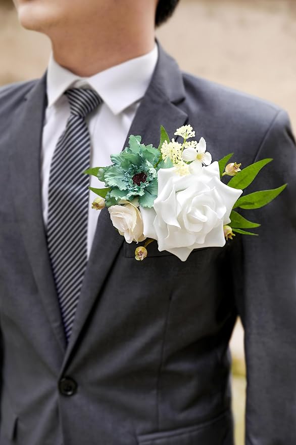 Artificial Flowers Roses Fake Flowers with Stems White Dahlia Artificial Flowers for DIY Bridal Bouquets Faux Flowers Centerpieces for Table Home Decor (White Green)