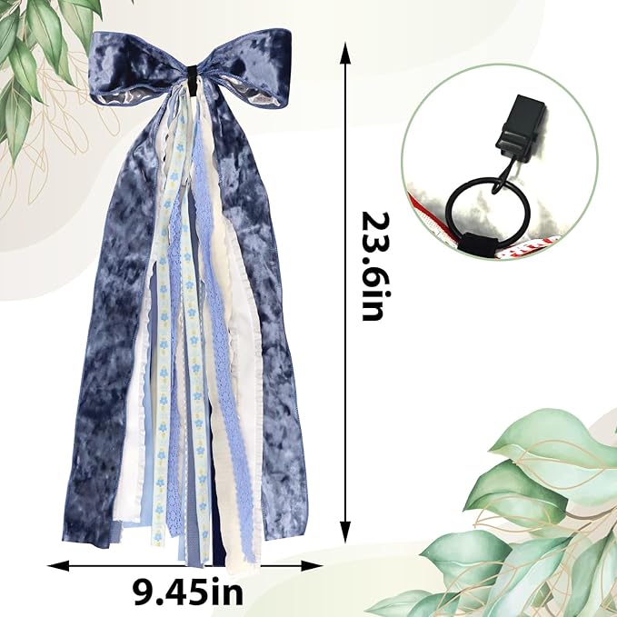 Large Blue Velvet Ribbon Bow for Wreath, Vintage Solid Fabric Ribbons Set Assorted Lace Ribbons Blue White Clip-On Wreath Sash Ribbon Bundle for Winter Christmas Home Indoor Outdoor Decor