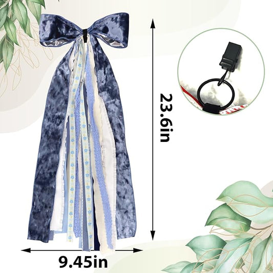 Large Blue Velvet Ribbon Bow for Wreath, Vintage Solid Fabric Ribbons Set Assorted Lace Ribbons Blue White Clip-On Wreath Sash Ribbon Bundle for Winter Christmas Home Indoor Outdoor Decor