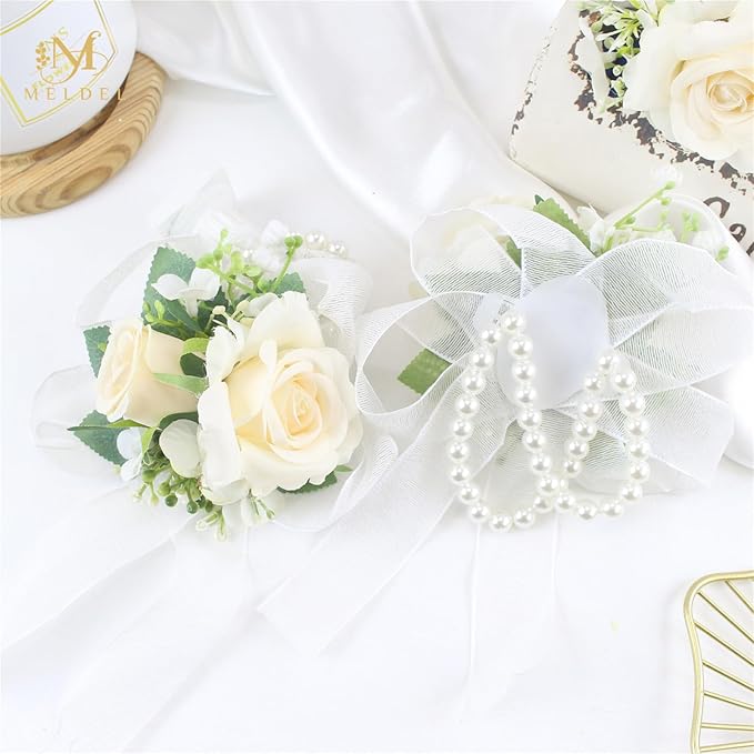 Meldel Champagne Wrist Corsage for Bride Bridesmaid Wedding,Set of 6, Romantic Artificial Rose Pearls Wristband Wrist Flower for Bridal Shower Ceremony Prom Party, Mother and Grand Mother Wrist Flower