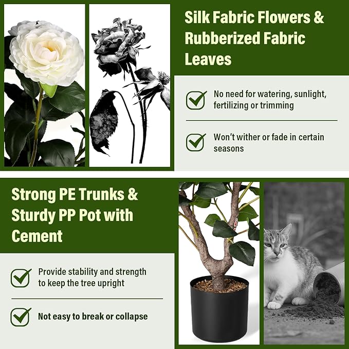 Artificial Camellia Tree,2Pack 3FT Faux White Camellia Plants in Pots,Lifelike Artificial Flower Trees for Indoor Outdoor Home Decor,Realistic Blooming Faux Plants for Bedroom Porch Patio Office