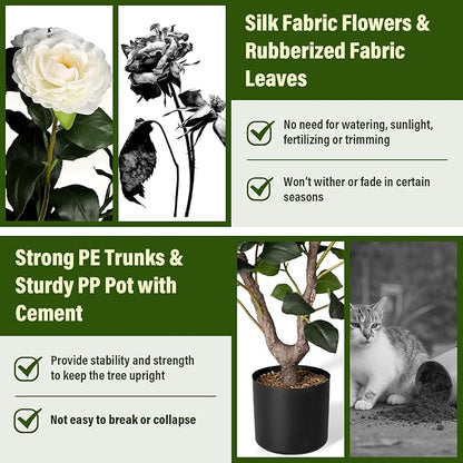 Artificial Camellia Tree,2Pack 3FT Faux White Camellia Plants in Pots,Lifelike Artificial Flower Trees for Indoor Outdoor Home Decor,Realistic Blooming Faux Plants for Bedroom Porch Patio Office