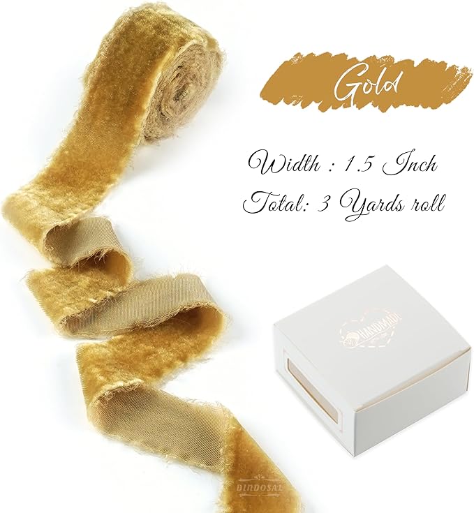 Gold Velvet Ribbon 1.5 Inch Frayed Silk Velvet Ribbon Antique Gold Christmas Tree Velvet for Gift Wrapping, Raw Edge Boho for Wedding Invitation Bridal Bouquet -3yards