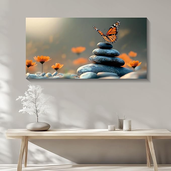 Iallbin Zen Stone Wall Art & Zen Wall Decor, Dark Smooth Rounded Stones Small Star-Shaped Golden-Yellow Flowers-for Yoga Meditation Room, Spa & Bathroom, Orange Monarch butterfly Art Deco Style, 58x29 Inches
