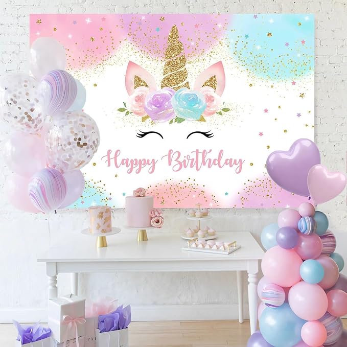 Mocsicka Unicorn Birthday Decorations Unicorn Backdrop for Girls Birthday Party 7x5ft Pastel Rainbow Unicorn Glitter Stars Dots Happy Birthday Banner Photo Booth Props