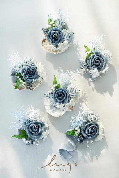 Ling's moment 6pcs Wedding Wrist Corsage Artificial Flowers, Girl/Mother Homecoming Prom Corsages Wristlet Décor, etc. Dusty Blue Light Blue