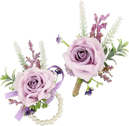 SITUMEIZI 2Pcs Purple Corsage and Boutonniere Set,Corsage Wristlet for Prom Decor,Boutonniere for Men Wedding Flowers Accessories Party Suit Decoration