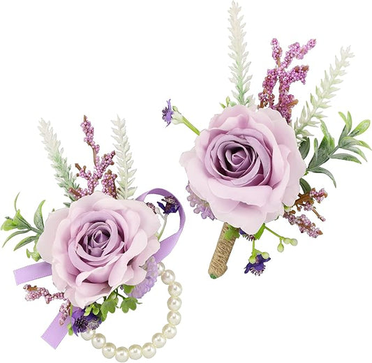 SITUMEIZI 2Pcs Purple Corsage and Boutonniere Set,Corsage Wristlet for Prom Decor,Boutonniere for Men Wedding Flowers Accessories Party Suit Decoration
