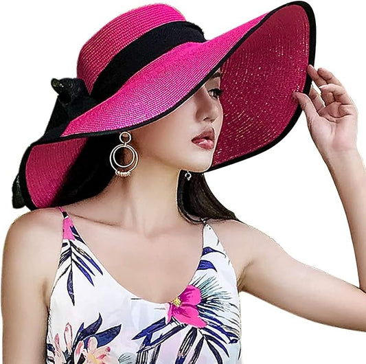 DRESHOW Beach Hats for Women Big Straw Wide Brim Summer Hat Floppy Foldable Roll up Cap Sun Hat UPF 50+