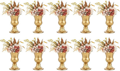 Nuptio Gold Vases for Centerpieces - 10 Pcs, 9in Height Metal Urn Planter Elegant Wedding Centerpieces for Tables - Trumpet Vase for Weddings and Party Decoration