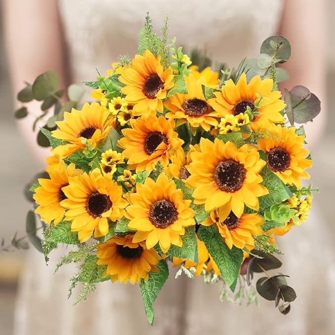 AmyHomie Artificial Sunflower Bouquets,2 Bunches Fake Flowers for Outdoors Baby Shower Home Wedding Fall Decor, Bride Holding Flowers,DIY Garden Craft Art Decor