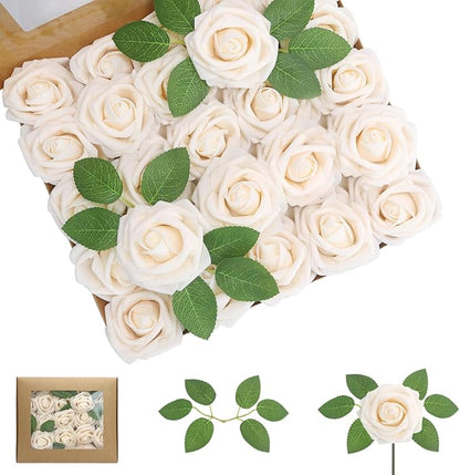 Artificial Flowers 50PCS Champagne Roses Real Looking Foam Fake Roses with Leaves and for DIY Wedding Bouquets Bridal Shower Centerpieces Party Decorations (Champagne)