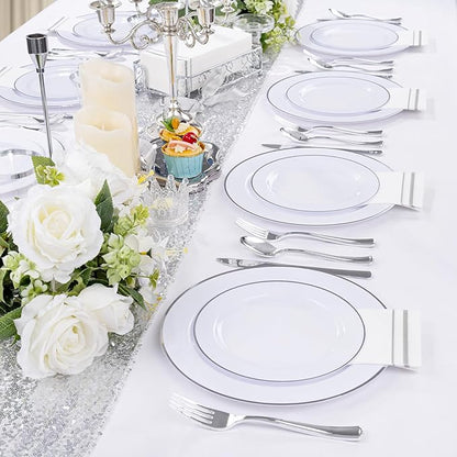 SUT 350 Piece Silver and White Plastic Dinnerware Set for 50 Guests, Disposable Plastic Plates, Include: 50 Dinner Plates, 50 Dessert Plates, 50 Pre Rolled Napkins with Silver Silverware, 50 Cups