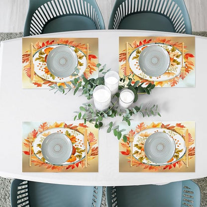 Fall Autumn Flower Pumpkin Placemats Set of 4 PVC Vinyl Non Slip Table Mats Heat Resistant Place Mats Washable Wipeable Dining Table Mat for Kitchen Decor Party Indoor Outdoor Decorative Gift