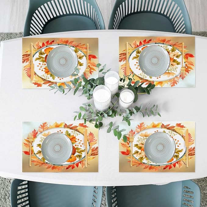 Fall Autumn Flower Pumpkin Placemats Set of 6 PVC Vinyl Non Slip Table Mats Heat Resistant Place Mats Washable Wipeable Dining Table Mat for Kitchen Decor Party Indoor Outdoor Decorative Gift
