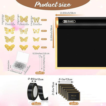 20 Sheets Flower Wrapping Paper,Black Floral Wrapping Paper Bouquet Kit with 100 Pcs Diamond Bouquet Pins 48Pcs 3D Gold Butterflies 1Roll Ribbon 10 Cards for Graduation Birthday Wedding DIY Craft