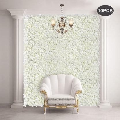 Flower Wall Panels, 10Pcs Artificial Flower Wall 3D Flower Wall Backdrop White Silk Rose Floral Decorative Faux Flower Wall Background for Wedding Home (Milky-White,15.7 * 23.6 in)