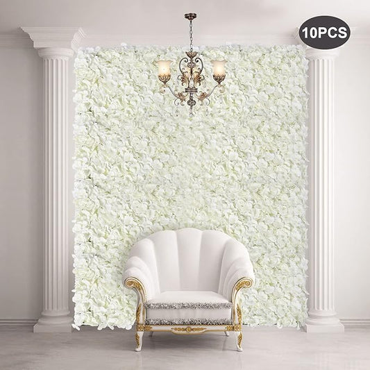 Flower Wall Panels, 10Pcs Artificial Flower Wall 3D Flower Wall Backdrop White Silk Rose Floral Decorative Faux Flower Wall Background for Wedding Home (Milky-White,15.7 * 23.6 in)