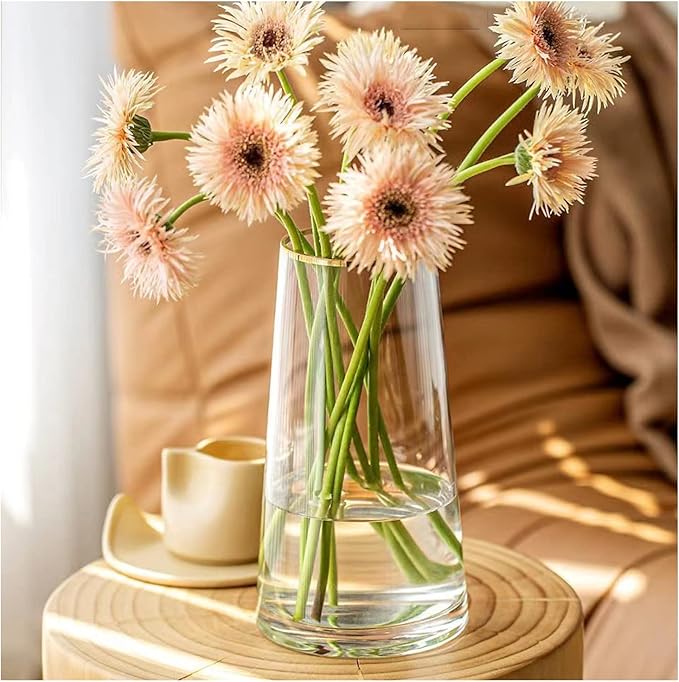 Moden Trapezoid Glass Vase with Gold Mouth for Centerpieces Home Wedding Decoration (1, Small 4.7" x 8.7")