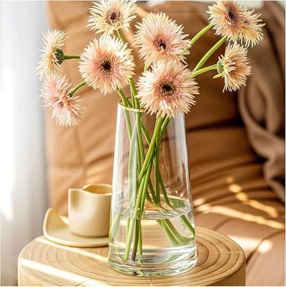 Moden Trapezoid Glass Vase with Gold Mouth for Centerpieces Home Wedding Decoration (1, Small 4.7" x 8.7")