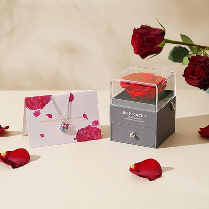 ADDWel Eternal Rose Gifts for Her - Preserved Rose with Silver Heart Pendant Necklace for Wife Girlfriend Mom | You are My Sunshine Music Box for Women - Perfect on Valentines, Birthday, Anniversary