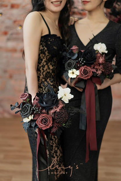 Ling's moment Artificial Flowers Gothic Bridesmaid Bouquet Set of 6, Burgundy and Black Bridal Bouquets for Bridesmaids, 7 Inch Wedding Flowers Bouquets for Wedding, Ceremony, Anniversary, etc